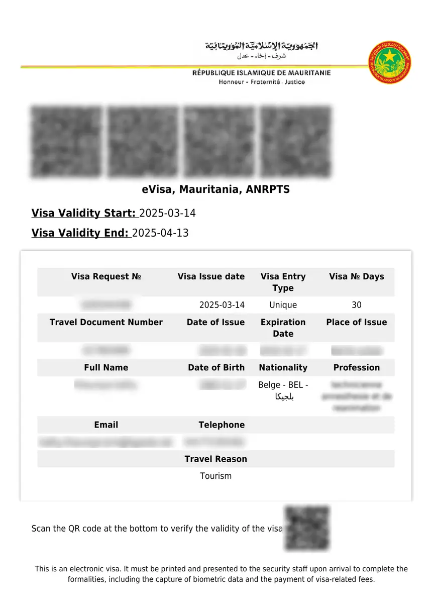 Mauritania eVisa sample
